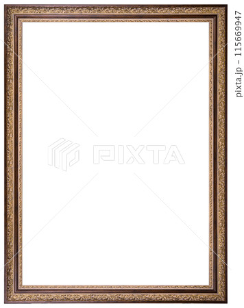 Antique Golden Brown Classic Old Vintage Wooden Rectangle ornate mockup canvas frame isolated on white 115669947