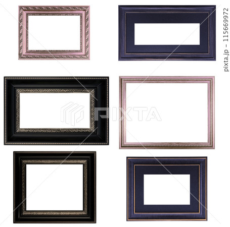 Set Classic Old Vintage Wooden mockup canvas frames isolated on white background. Blank Beautiful and diverse subject moulding baguette. Design element. use for framing paintings, mirrors or photo. Set Classic Old Vintage Wooden mockup canvas frames isolated on white background. Blank Beautiful and diverse subject moulding baguette. Design element. use for framing paintings, mirrors or photo. 115669972