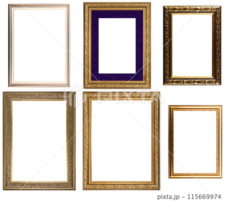 Set Classic Old Vintage Wooden mockup canvas frames isolated on white background. Blank Beautiful and diverse subject moulding baguette. Design element. use for framing paintings, mirrors or photo. 115669974