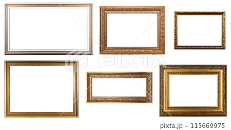 Set Classic Old Vintage Wooden mockup canvas frames isolated on white background. Blank Beautiful and diverse subject moulding baguette. Design element. use for framing paintings, mirrors or photo. 115669975