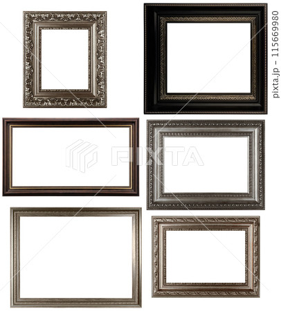 Set Classic Old Vintage Wooden mockup canvas frames isolated on white background. Blank Beautiful and diverse subject moulding baguette. Design element. use for framing paintings, mirrors or photo. 115669980