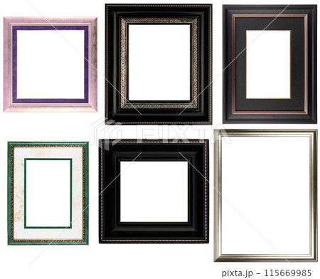 Set Classic Old Vintage Wooden mockup canvas frames isolated on white background. Blank Beautiful and diverse subject moulding baguette. Design element. use for framing paintings, mirrors or photo. 115669985