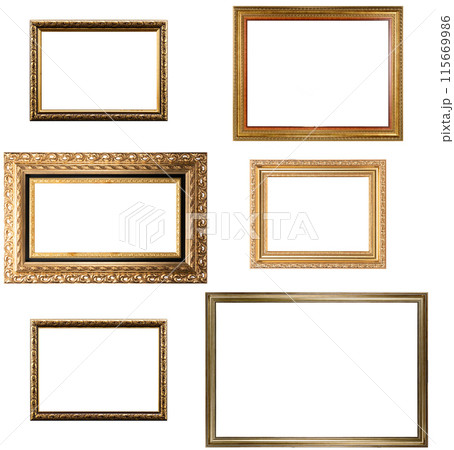 Set Classic Old Vintage Wooden mockup canvas frames isolated on white background. Blank Beautiful and diverse subject moulding baguette. Design element. use for framing paintings, mirrors or photo. 115669986