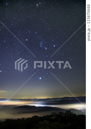 広島県三次市霧の海展望台からの星景色 オリオン座と冬の大三角 広島県三次市霧の海展望台からの星景色 オリオン座と冬の大三角 115670088