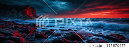 Dark beach at sunset with red sky and waves crashing on rocks. Dark beach at sunset with red sky and waves crashing on rocks. 115670475