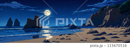Nighttime beach scene with a full moon. Nighttime beach scene with a full moon. 115670516