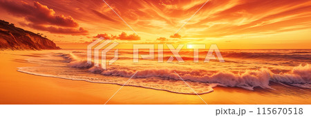 Sunset on beach with waves crashing. Sunset on beach with waves crashing. 115670518