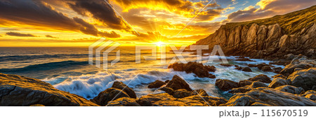 Sunset over ocean with rocky shore. Sunset over ocean with rocky shore. 115670519