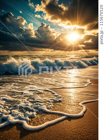 Sunset over ocean with waves crashing on shore. Sunset over ocean with waves crashing on shore. 115670520