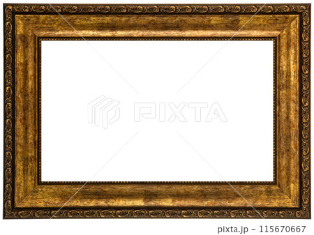 Antique Golden Brown Classic Old Vintage Wooden Rectangle ornate mockup canvas frame isolated on white 115670667