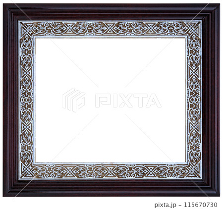 Antique Golden Brown Classic Old Vintage Wooden Rectangle ornate mockup canvas frame isolated on white 115670730