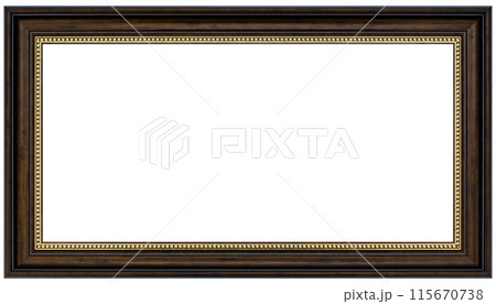 Antique Golden Brown Classic Old Vintage Wooden Rectangle ornate mockup canvas frame isolated on white 115670738
