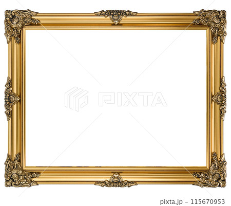 Antique Golden Brown Classic Old Vintage Wooden Rectangle ornate mockup canvas frame isolated on white 115670953