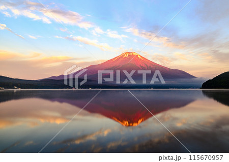 山梨県・初夏の山中湖より望む赤富士の絶景 山梨県・初夏の山中湖より望む赤富士の絶景 115670957