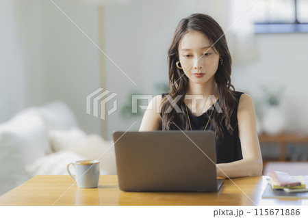リビングでテレワークをする若い女性 115671886