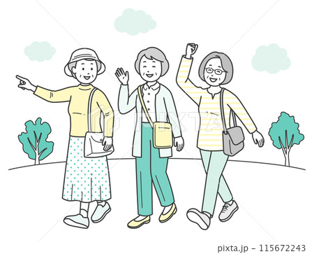 仲の良い高齢女性グループが旅行先で楽しんでいる全身イラスト 115672243