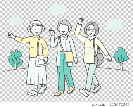 仲の良い高齢女性グループが旅行先で楽しんでいる全身イラスト 115672243
