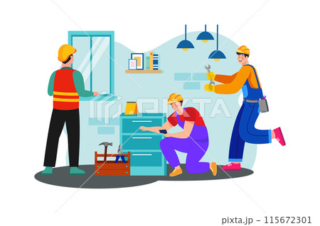 A construction team installs electrical wiring and fixtures in a newly constructed house. A construction team installs electrical wiring and fixtures in a newly constructed house. 115672301