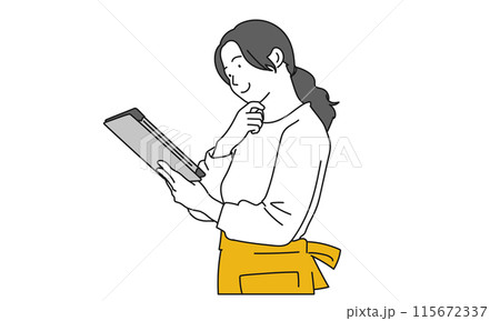 タブレットを見るエプロン姿の女性のシンプルイラスト 115672337