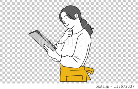 一個穿著圍裙的女人看著平板電腦的簡單插圖 115672337
