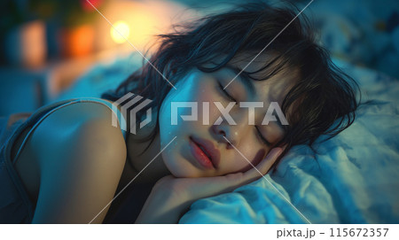 汗をかいて寝苦しそうな女性 115672357