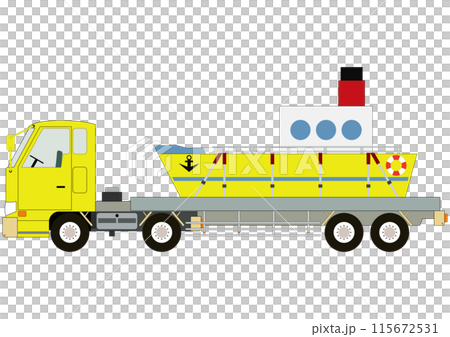 一輛「黃色卡車」正在陸路運輸一艘「黃色船」。 115672531