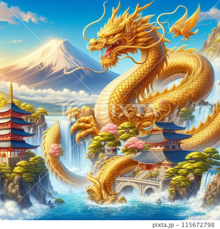 富士山と滝、黄金龍のイラスト素材 [115672798] - PIXTA