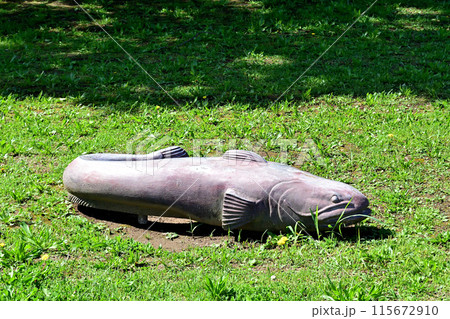 関宿城庭園に置かれたナマズの形をした公園遊具 115672910