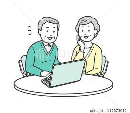 ノートパソコンを笑顔で操作する高齢男性と見守る高齢女性の上半身イラスト 115673012