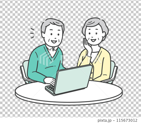 Illustration of an elderly man smiling and operating a laptop computer and an elderly woman watching over him 115673012