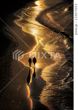 A couple walking on the beach at sunset 115673053