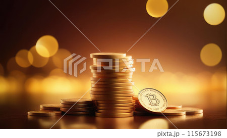 Stack of coins with Bitcoin against bokeh lights 115673198