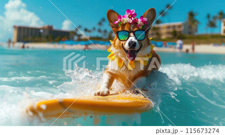 Cheerful dog surfing with floral lei and glasses 115673274