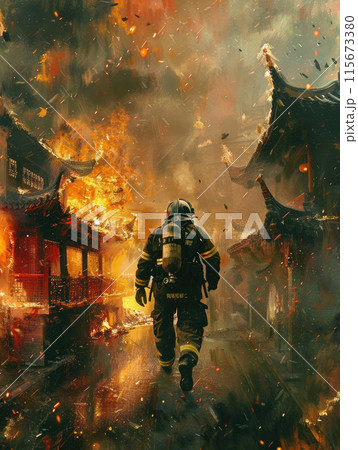 A firefighter is walking through a burning building 115673380