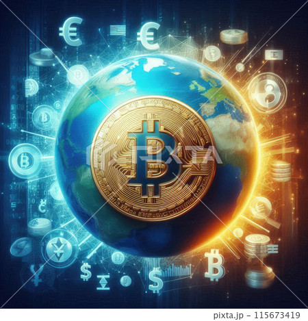 Global economy concept with Bitcoin and currencies 115673419