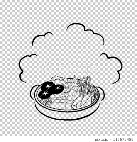 Illustration of a hot and steaming hot pot (monochrome, no text) Illustration of a hot and steaming hot pot (monochrome, no text) 115673489