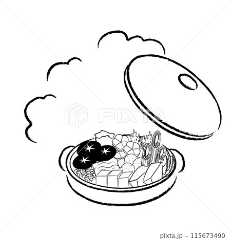 あったかほかほかお鍋のイラスト　モノクロ蓋つき 115673490