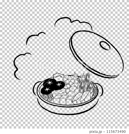 あったかほかほかお鍋のイラスト　モノクロ蓋つき 115673490