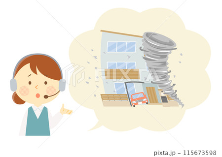 竜巻被害に遭った場合の対応を説明する女性オペレーター 115673598