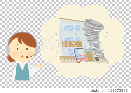 竜巻被害に遭った場合の対応を説明する女性オペレーター 115673598