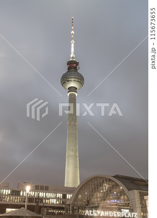 Alexanderplatz neon sign with Berlin Television Tower (Fernsehturm) and Train station in Mitte Berlin. 115673655