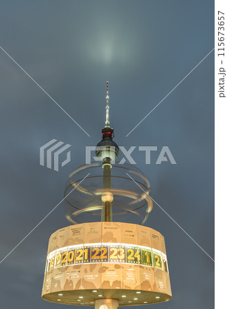 Night view of Urania-Weltzeituhr or The World Clock - Revolving sphere in front of Berlin Television Tower (Fernsehturm), Night view of Urania-Weltzeituhr or The World Clock - Revolving sphere in front of Berlin Television Tower (Fernsehturm), 115673657