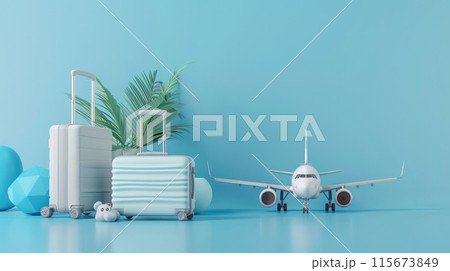Stylish travel luggage and airplane on blue 115673849