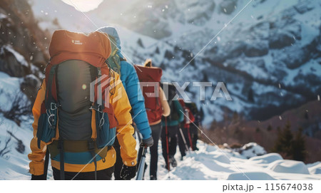 Group of hikers trekking in snowy mountains Group of hikers trekking in snowy mountains 115674038