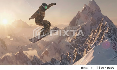 Solo snowboarder takes flight in snowy mountains Solo snowboarder takes flight in snowy mountains 115674039