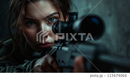 Sniper with scope focusing on target Sniper with scope focusing on target 115674068