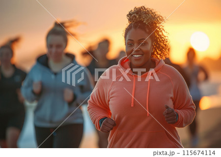 Woman jogging with group at sunset Woman jogging with group at sunset 115674114