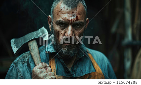 Rugged man with axe and intense stare 115674288
