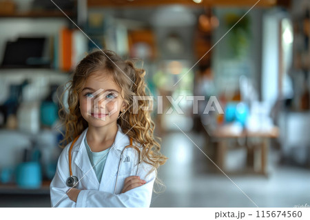 A young girl in a white lab coat is posing for a picture 115674560