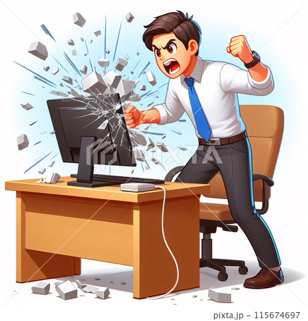 Furious man breaking computer screenのイラスト素材 [115674697] - PIXTA